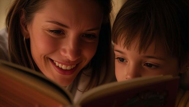Mother and Daughter Reading Bedtime Story in Warm Cozy Light