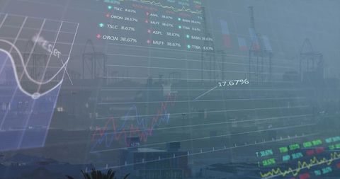 Overlaying financial charts over industrial seaport cranes with 17.67% growth label