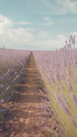 Gliding along dirt path through lavender rows revealing endless purple field vertical video