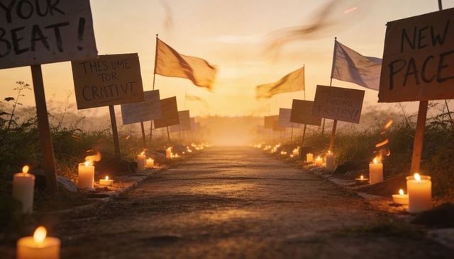 Sunset vigil path lined with burning candles, handwritten placards and fluttering flags
