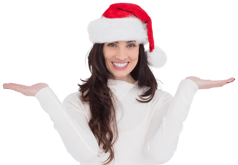 Transparent smiling woman in santa hat with outstretched hands