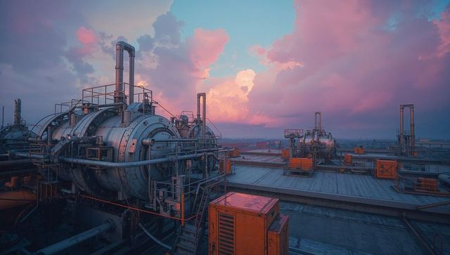 Industrial Turbines on Rooftop with Vibrant Sky