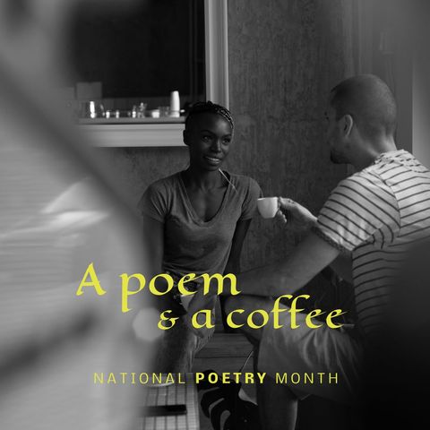 Diverse Couple Enjoying Coffee with Text Celebrating National Poetry Month