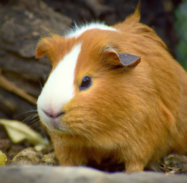 This captures a close-up of a charming brown and white guinea pig outdoors, showcasing its detailed fur and adorable expression. Useful for promoting pet care products, educational resources about animals, and websites dedicated to pet enthusiasts.