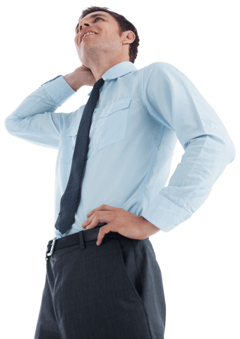 Confident businessman contemplating with hand on neck transparent background
