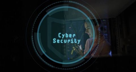 Network engineer working in data center with cybersecurity interface