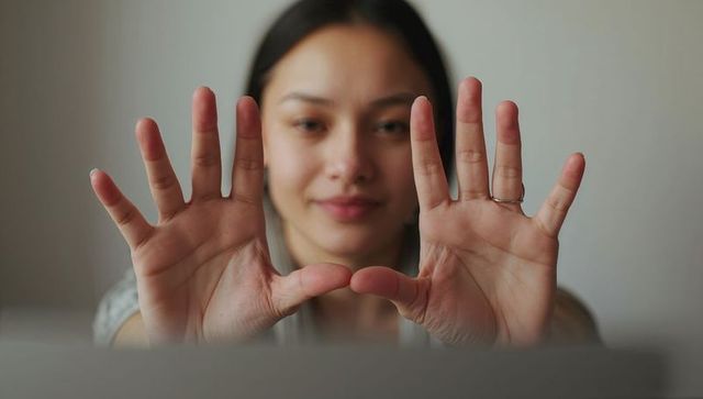 Asian woman showing palms toward camera at laptop workstation, calm minimalist portrait