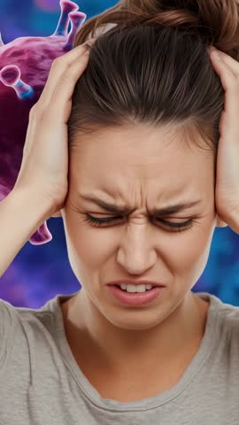 Vertical video: Woman reacting to 3D virus, pressing temples, grimacing from headache