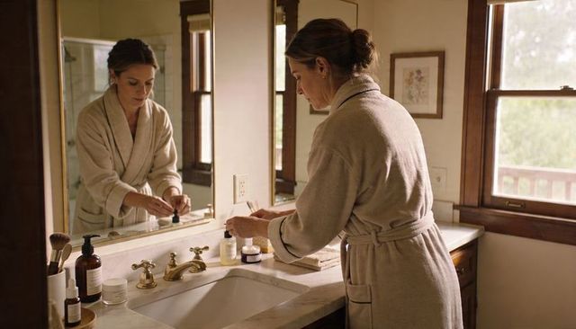 Morning skincare routine woman in beige robe applying serum at marble bathroom vanity