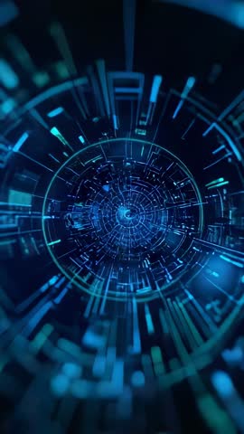 Rotating Neon HUD Tunnel Visualizing Pulsing Teal Rings and Concentric Digital Geometry