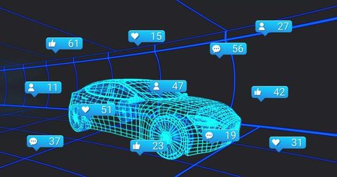 3D Sedan Wireframe with Social Media Engagement Icons in Futuristic Grid