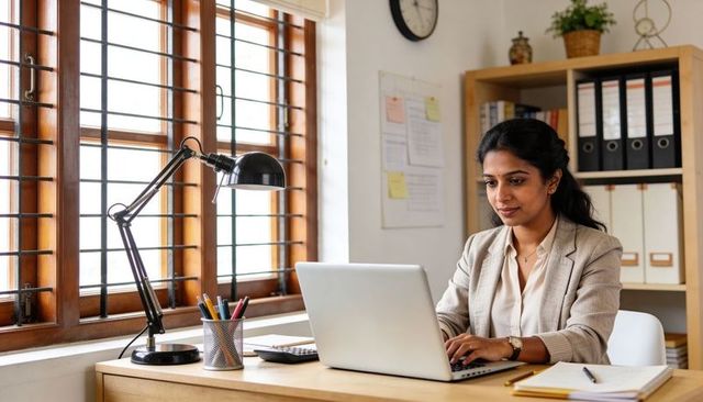 Professional woman typing on laptop at sunlit wooden desk with black lamp and organized shelving