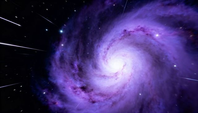 Purple spiral galaxy rotating around luminous core with nebula swirl and cosmic dust lanes