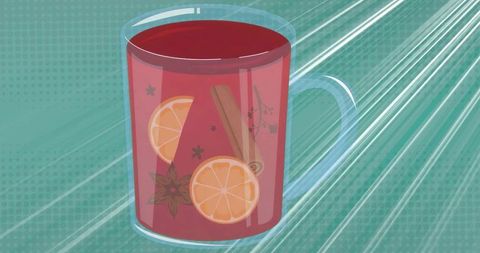 Warm aromatic mulled beverage in glass mug with spices