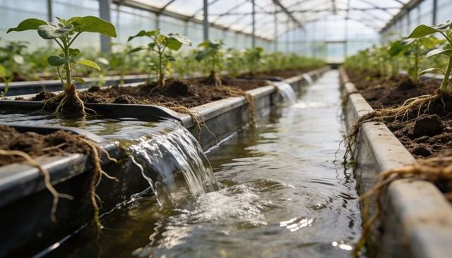 Flowing greenhouse irrigation channels nourishing young seedlings with exposed roots and troughs