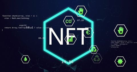 Neon green nft hexagon with technological metrics icons