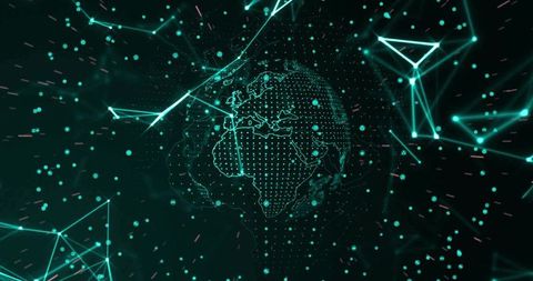 Glowing Digital World Map Rotating in Neon Grid with Network Nodes and Data Connections