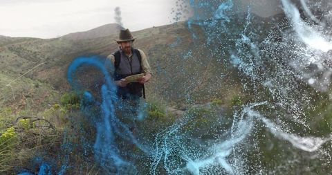 Adventurous Hiker Navigating Wilderness with High-Tech Overlay