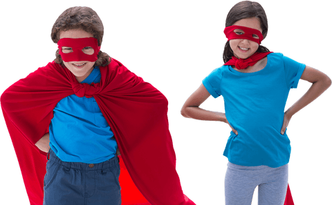 Playful Siblings Wearing Transparent Superhero Capes and Masks
