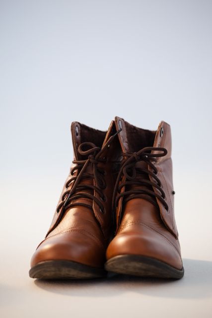 This image features a close-up view of a pair of brown leather boots against a white background. The boots are stylish and have a lace-up design, making them suitable for both casual and formal settings. This image can be used for fashion blogs, online shoe stores, advertisements, and social media posts promoting footwear.