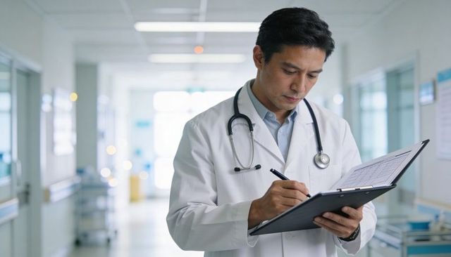 Asian Male Doctor Writing on Clipboard in Bright Hospital Corridor with Stethoscope