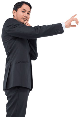 Businessman touching virtual screen on transparent background
