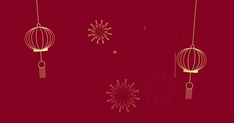 Traditional Chinese Lanterns and Fireworks on Red Background