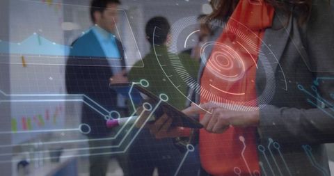 Business Woman Using Tablet with Futuristic Technology Interface