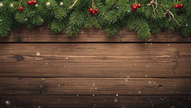 Rustic christmas garland with evergreen branches on wooden planks, snow, red berries, jute twine