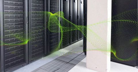 Green Datawave Flowing Through Modern Server Rack Aisle Showing Airflow Efficiency