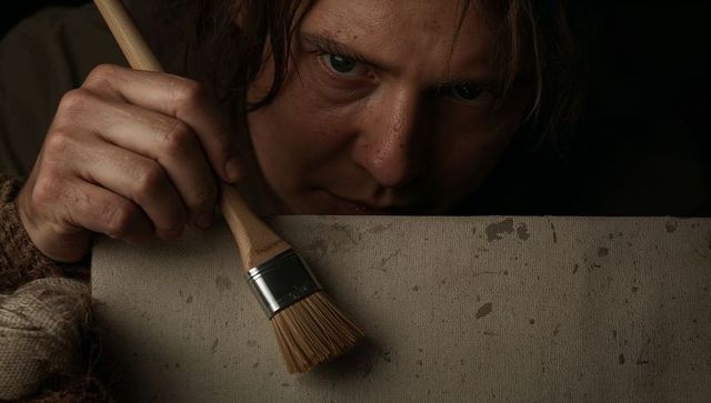 Male Artist Peering and Brushing Canvas with Natural-Bristle Brush in Low-Light Studio Closeup