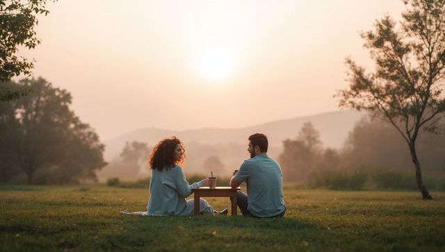 Couple enjoying sunset picnic in misty meadow with takeaway drinks and low wooden table
