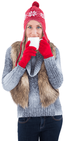 Woman in Cozy Winter Attire Holding Coffee Mug on Transparent Background