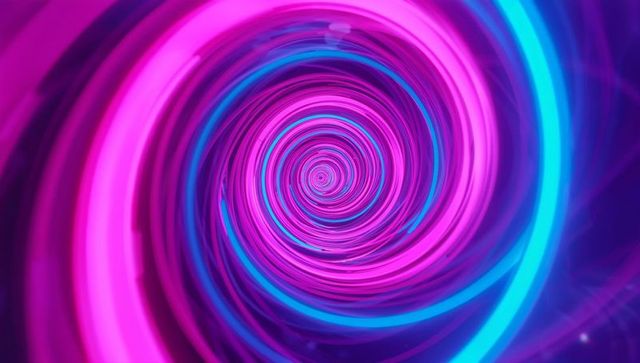 Vibrant neon spiral tunnel with glowing rings in abstract vortex