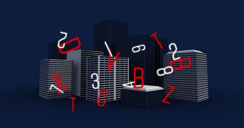 Cryptic numbers and letters hovering over a cityscape