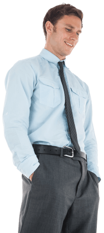 Transparent smiling businessman in formal attire with pocketed hand