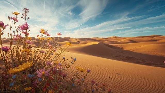 Blooming wildflowers on sunlit desert dunes with rippled sand and cirrus sky