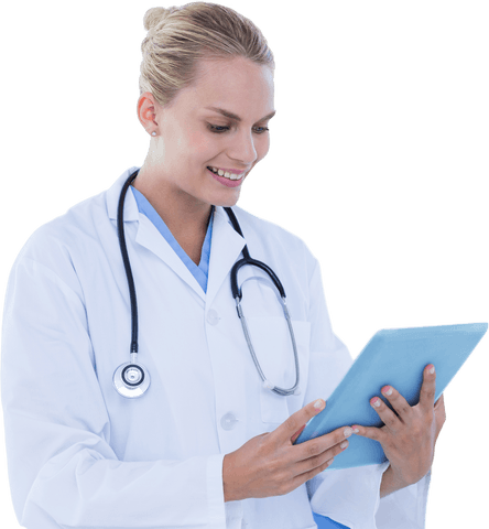 Smiling Female Doctor with Tablet and Stethoscope Transparent Background - Download Free Stock Videos Pikwizard.com