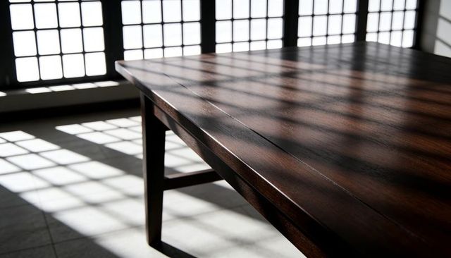 Dark wood table casting grid shadows across sunlit tiled floor in minimalist interior