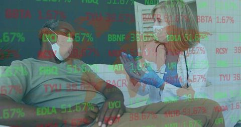 Healthcare Professional Administering Vaccine Amidst Stock Ticker Overlay