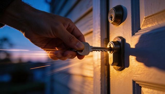 Close-up hand turning key in residential deadbolt at twilight with warm porch evening glow