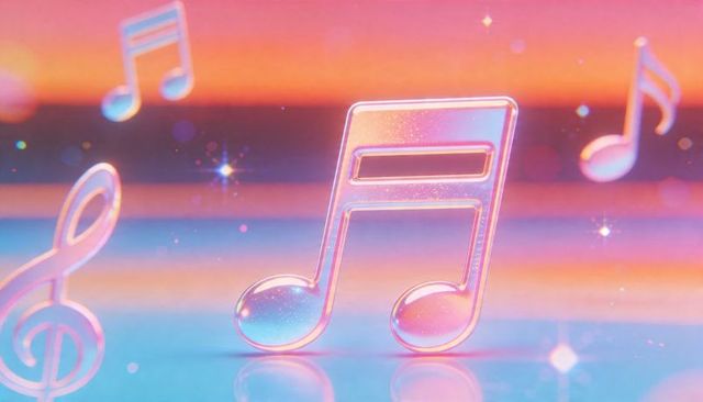 Dreamy pastel glass music note and floating treble clef with holographic sparkling bokeh