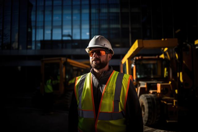 Male construction worker standing at construction site, wearing hard hat, reflective vest, and sunglasses. Heavy machinery and modern building in background. Ideal for illustrating construction, labor, safety protocols, or infrastructure projects.