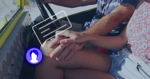 Interlocked hands on thigh while steering off-road adventure vehicle