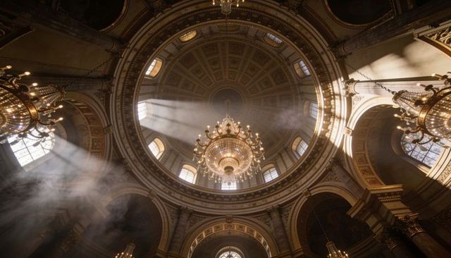 Hanging crystal chandelier casting sunbeams across gilded coffered dome with incense haze
