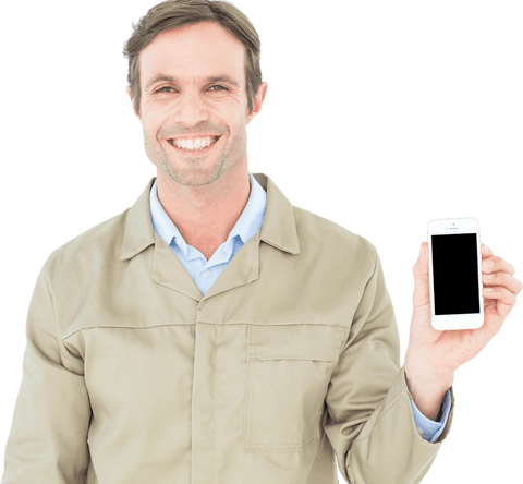 transparent background: smiling delivery man showing smartphone - Download Free Stock Videos Pikwizard.com