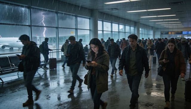 Stormy airport concourse with lightning outside, travelers checking phones and rolling luggage