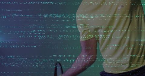 Athlete with tennis racket in digital code environment