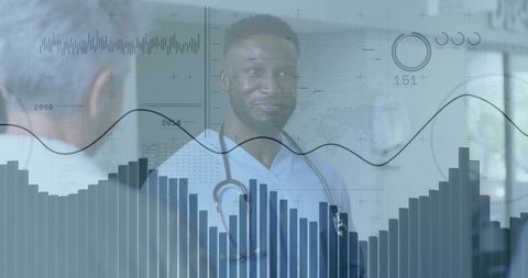 Healthcare professional consulting amidst data visualizations