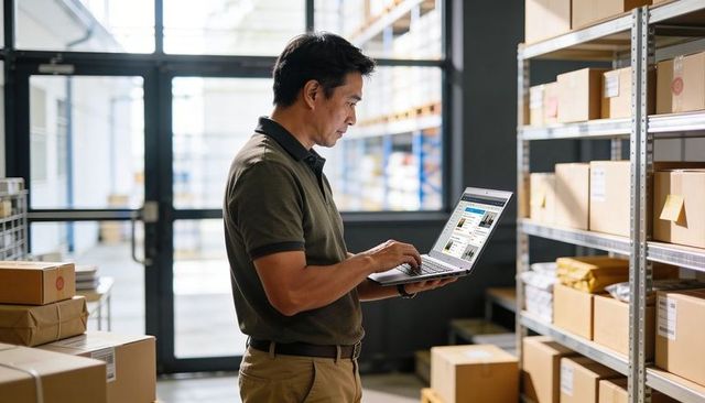 Asian warehouse manager checking inventory on laptop among packed boxes in fulfillment hub
